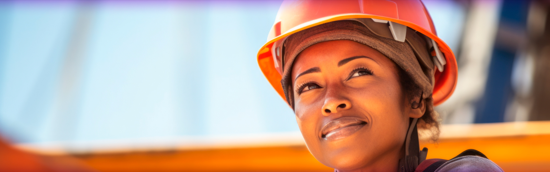 A smiling Black woman with an orange hard hat looking up hopefully at a construction site with a blurred background.